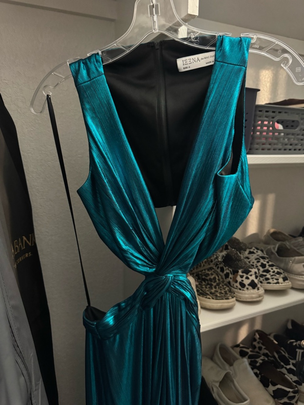 IÉNA Teal Metallic Backless Knot-Front Evening Dress